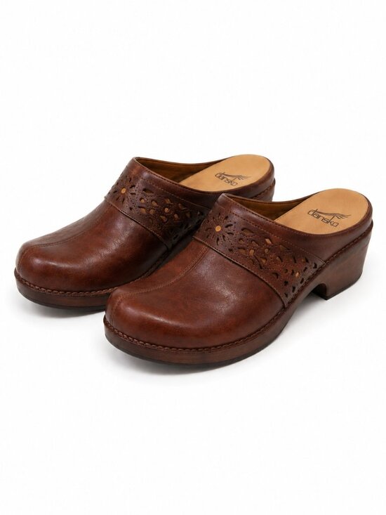 Dansko Shoes - Dansko Tooled Leather Clogs Women's 38 US 7.5 8 Brown Walnut Cutout Mule Comfort